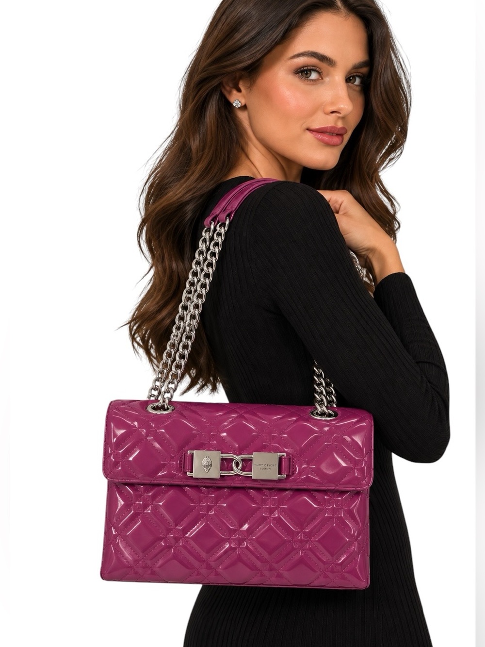 KURT GEIGER LONDON Kingsley Violet Quilted Patent Leather Shoulder Bag Purple